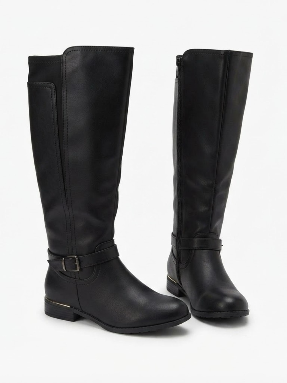 Women's Black Faux Leather Knee High Riding Boots Buckle Strap Low Heel Size 10